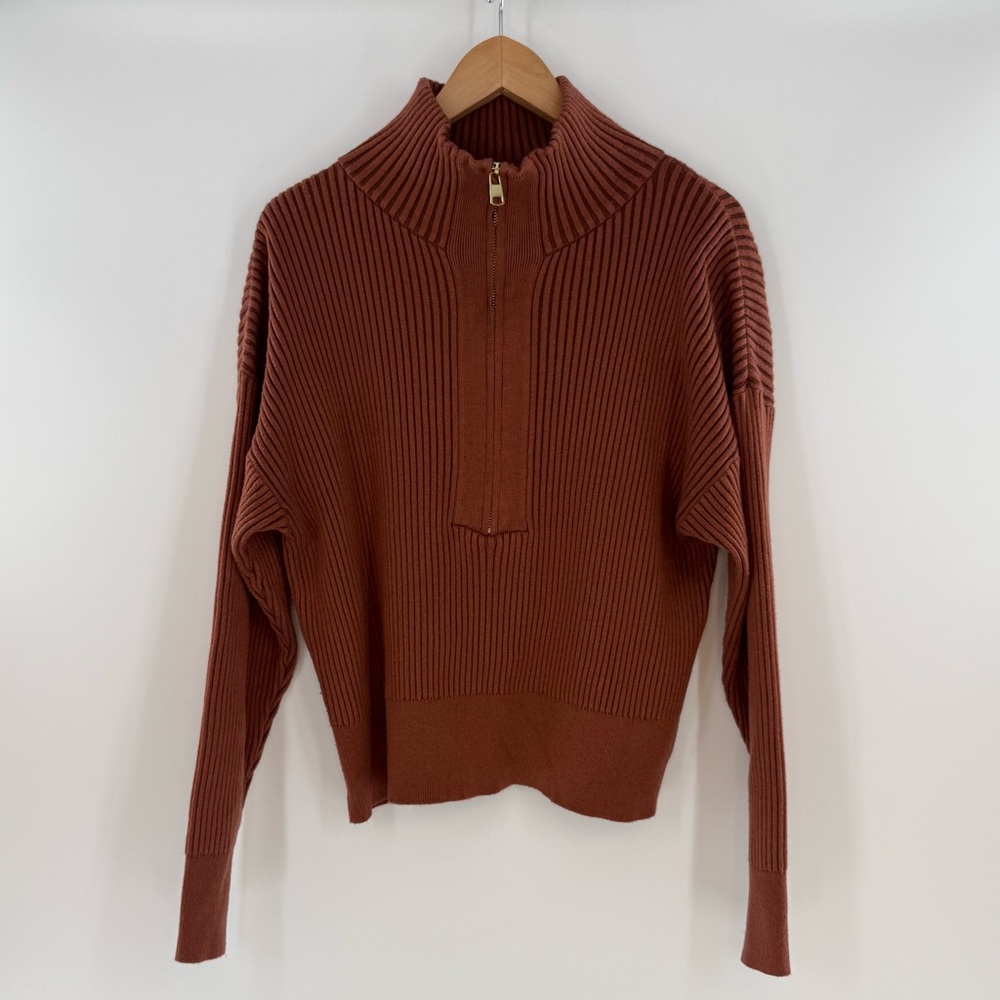 Varley Janie Half-Zip Knit Plush Rib Pullover Brown Patina Size Large